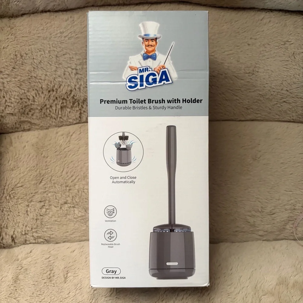 NIB Mr. Siga Premium Toilet Brush & Holder Gray | Auto Open/Close | Ventilated
